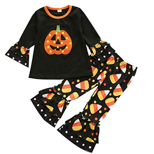 Kids Boys Girls Halloween Cartoon Pumpkin Print Shirt Tops Pants Pajamas Outfits Set 